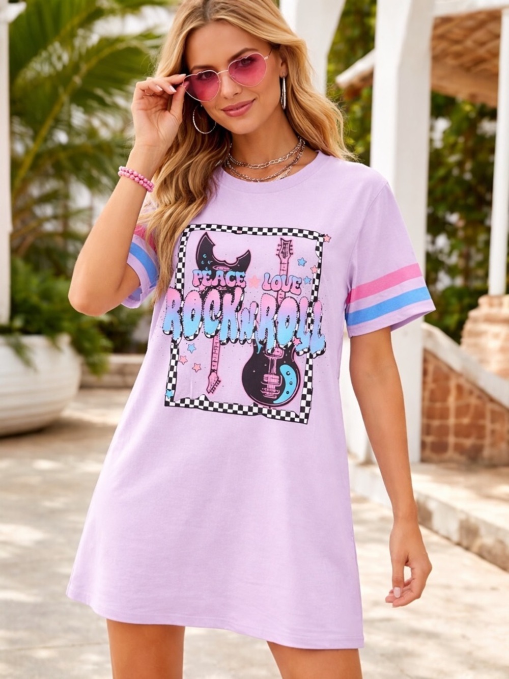 Peace Love Rock N Roll Graphic T-Shirt Dress Lavender Sleeve Stripe Size S